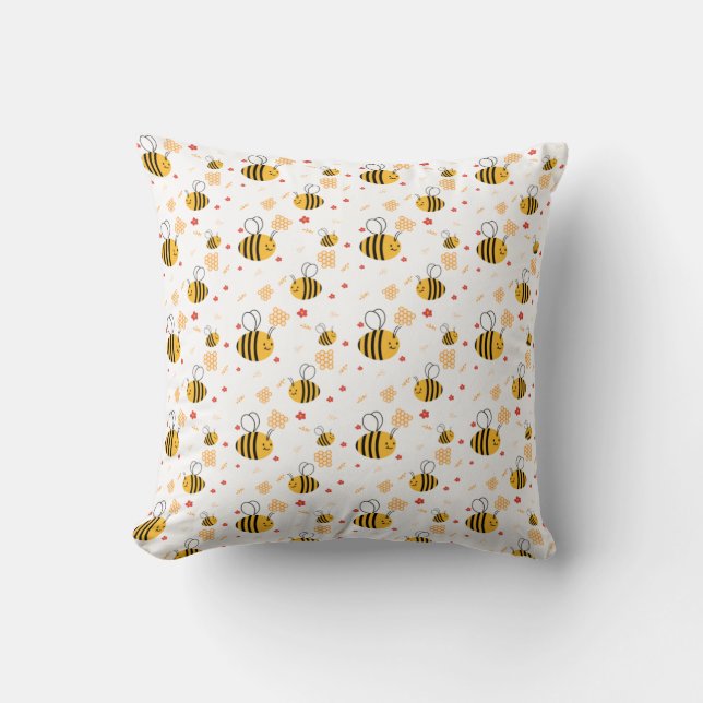 Cute Bumblebee and Flowers Throw Pillow (Front)