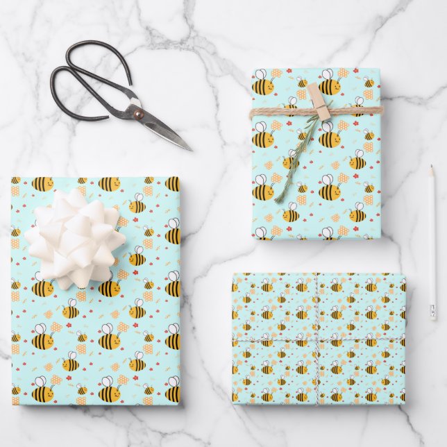 Cute Bumblebee and Flowers Wrapping Paper Sheets (Front)