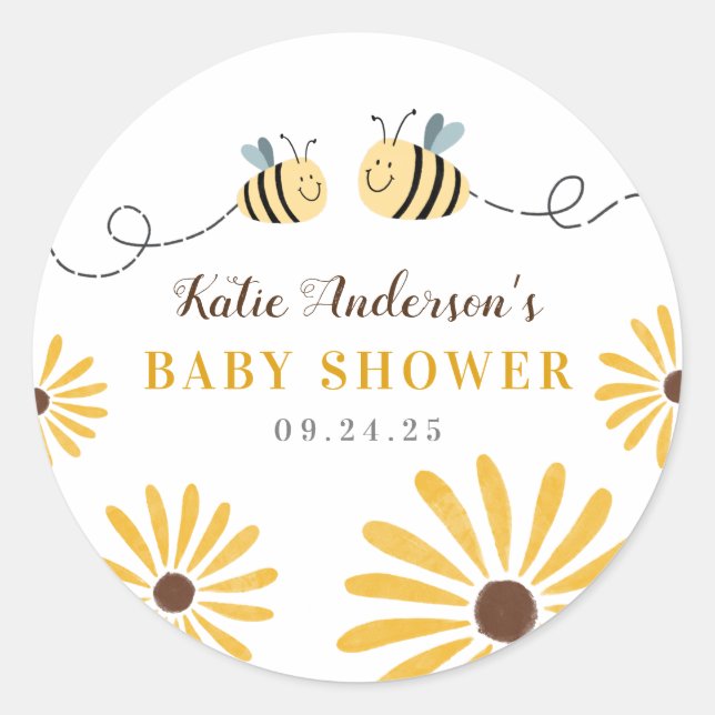 Cute Bumblebee and Sunflowers Baby Shower Classic Round Sticker (Front)