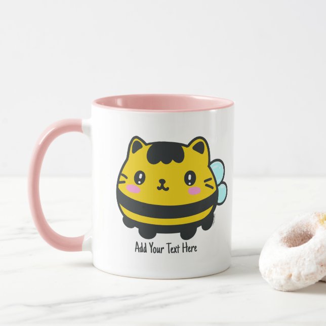 Cute Bumblebee Cat Personalized Text Mug (With Donut)