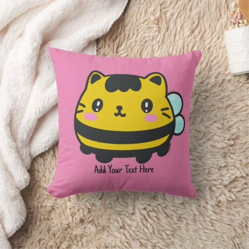 Cute Bumblebee Cat Personalized Text  Throw Pillow