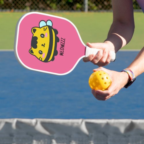 Cute Bumblebee Cat with Personalized Text  Pickleball Paddle