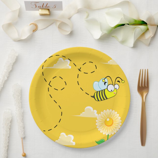 Cute Bumblebee Honey Bee Flying Sunflowers Garden Paper Plates (Wedding)