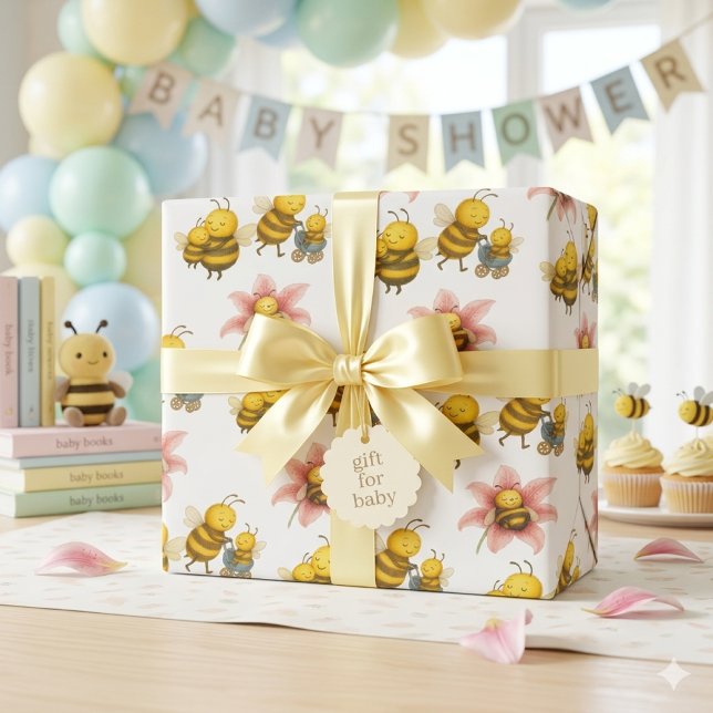 Cute Bumblebee Mom & Baby Bee  Wrapping Paper (cute bumblebees wrapping paper for baby showers and mom to bee gifts )
