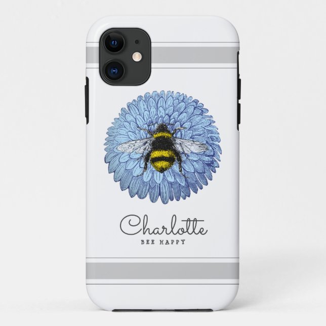 Cute Bumblebee on Blue Flower Add Your Name Case-Mate iPhone Case (Back)