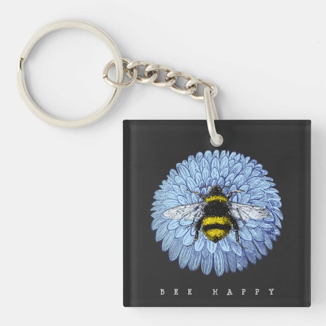 Cute Bumblebee on Blue Flower Nature Black Keychain (Front)