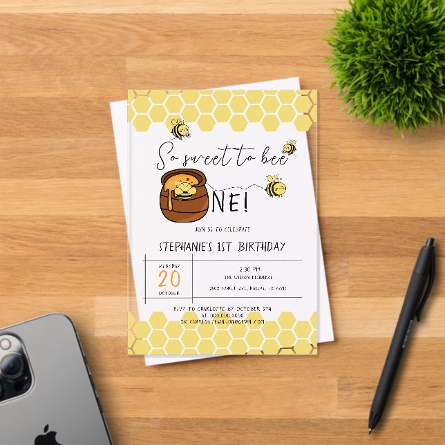 Cute Bumblebee So Sweet To Bee One 1st Birthday Acrylic Invitations (Insitu (Invitation Card))