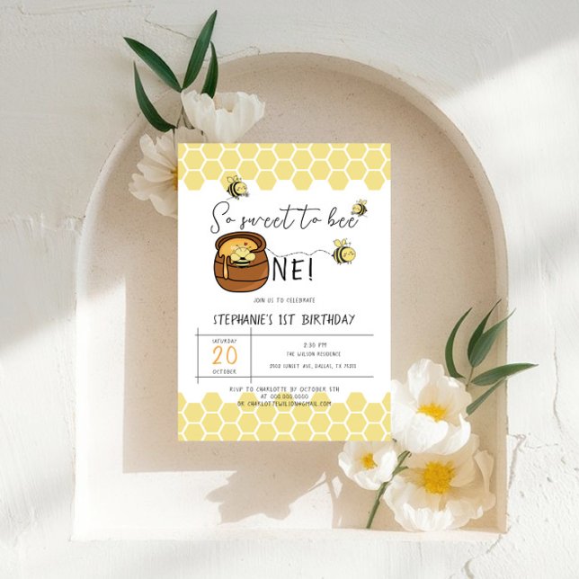 Cute Bumblebee So Sweet To Bee One 1st Birthday Invitation (Creator Uploaded)