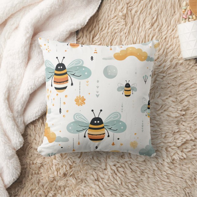 Cute Bumblebee Throw Pillow – Playful Clouds & Flo (Blanket)