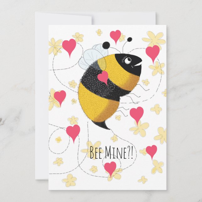 Cute Bumblebee with Pink Hearts on Yellow Daisies Holiday Card (Front)