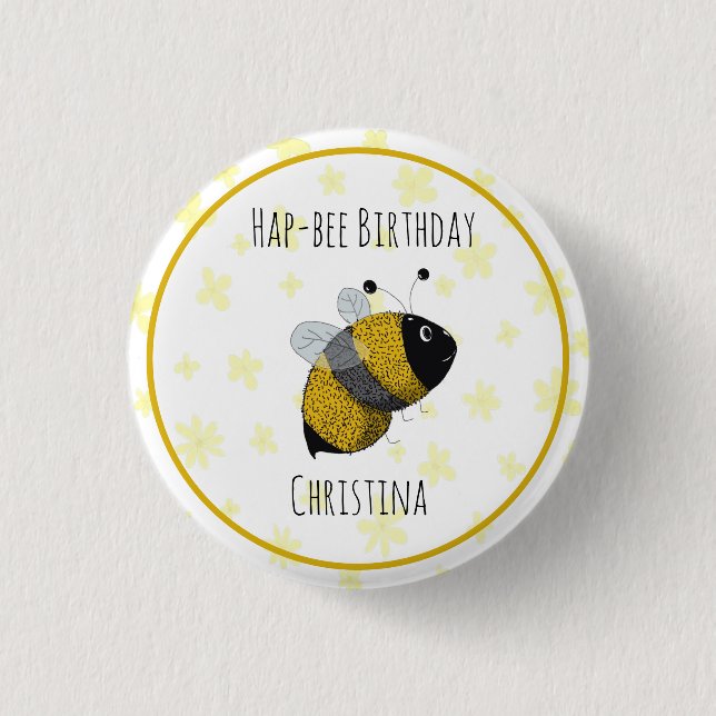 Cute Bumblebee Yellow and Black | HapBee Birthday Button (Front)