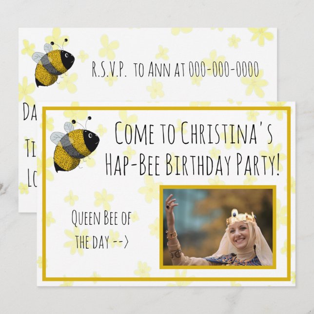 Cute Bumblebee Yellow and Black | HapBee Birthday Invitation (Front/Back)