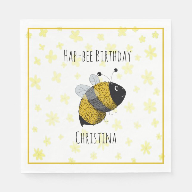 Cute Bumblebee Yellow and Black | HapBee Birthday Napkins (Front)