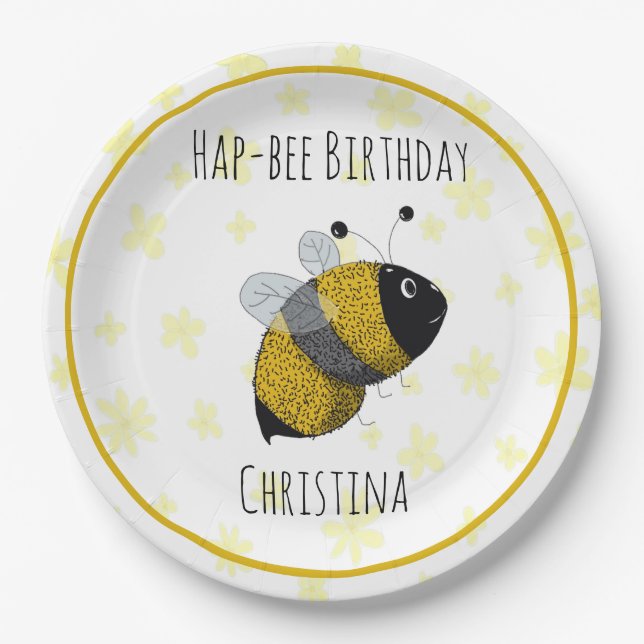 Cute Bumblebee Yellow and Black | HapBee Birthday Paper Plates (Front)
