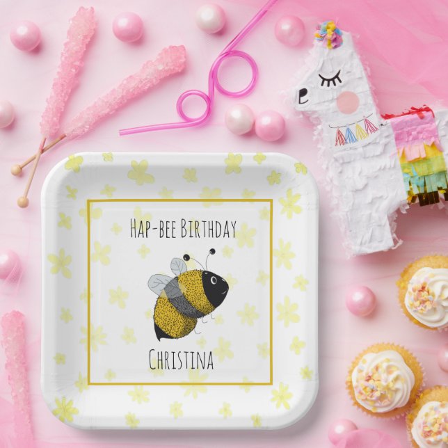 Cute Bumblebee Yellow and Black | HapBee Birthday Paper Plates (Party)
