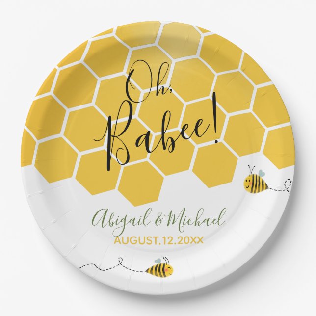 Cute Bumblebees Theme Watercolor Bee Baby Shower Paper Plates (Front)