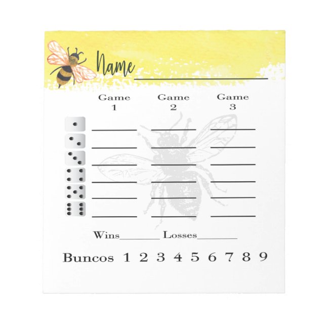 Cute Bunco Score Sheets Bee Notepad (Front)