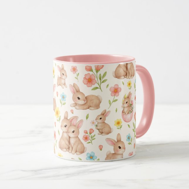 Cute Bunnies and Flowers Pattern Mug (Front Right)