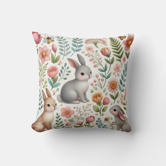 Cute Bunnies and Flowers Throw Pillow (Front)
