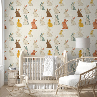 Cute bunnies, beige mutted colors for nursery wallpaper