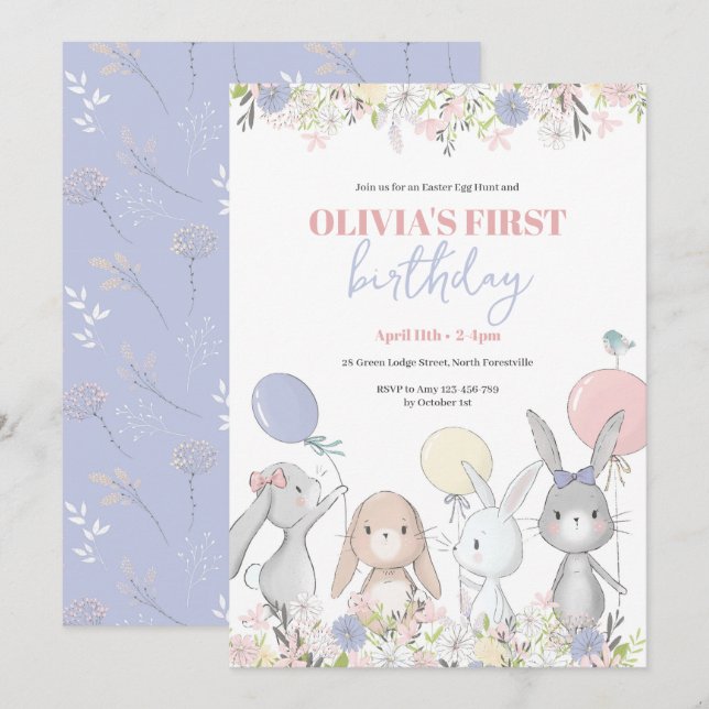 Cute Bunnies Birthday Invitation (Front/Back)