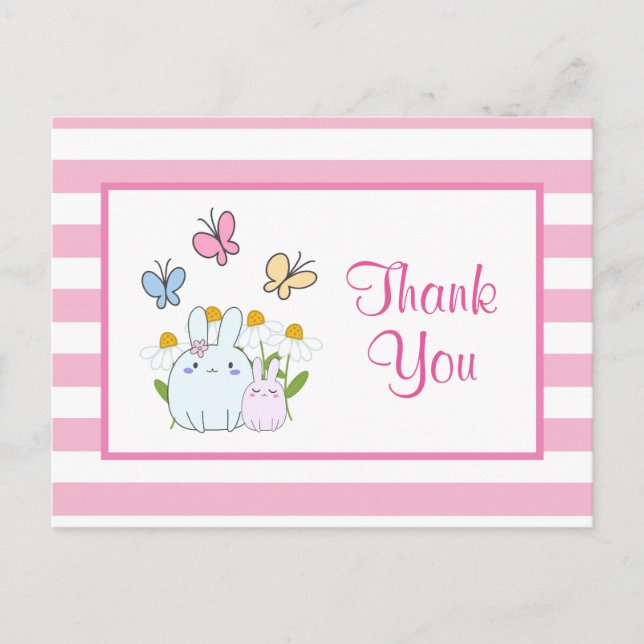 Cute Bunnies, Butterflies & Flowers Party Thanks Postcard (Front)