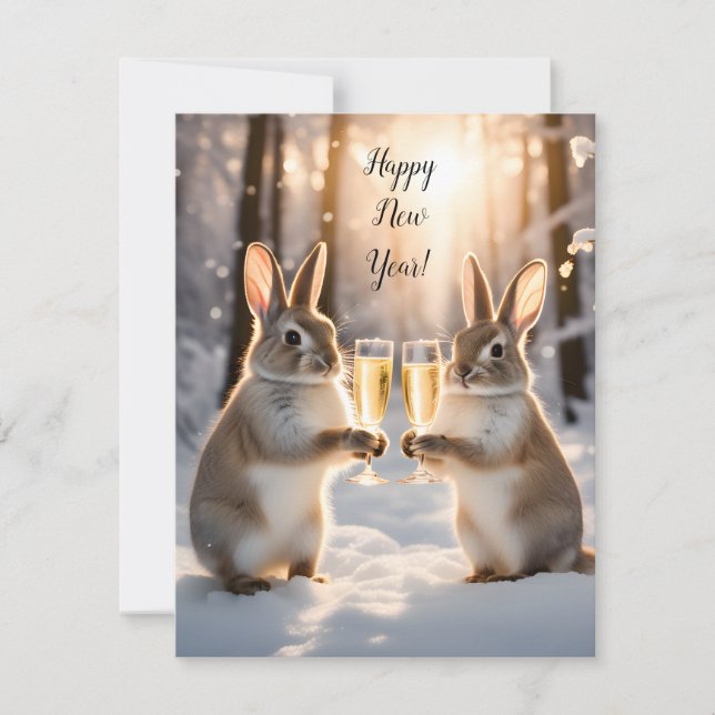 Cute Bunnies Celebrate the New Year With Champagne Note Card (Front)