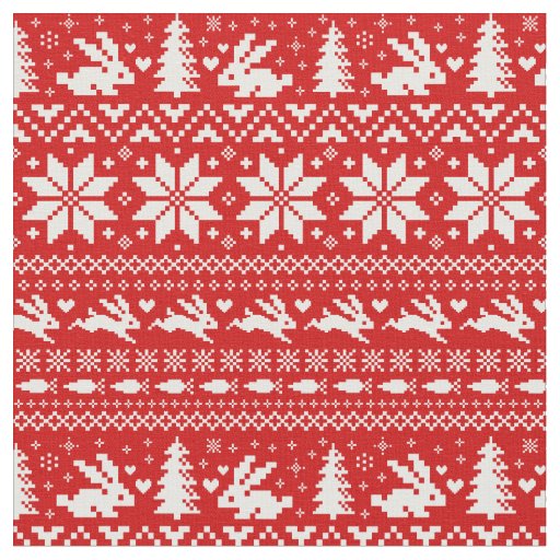 Cute Bunnies Christmas Holiday Pattern Red & White Fabric