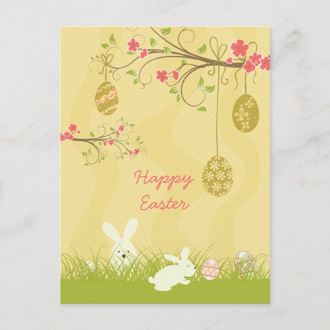 Cute bunnies & egg tree easter postcard (Front)