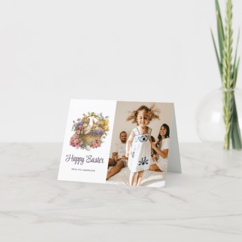 Cute Bunnies Floral Photo Happy Easter Holiday Card