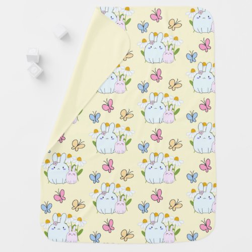 Cute Bunnies Flowers  Butterflies Pattern Baby Blanket