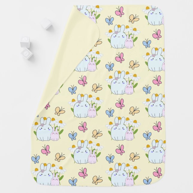 Cute Bunnies, Flowers & Butterflies Pattern Baby Blanket (In Situ)