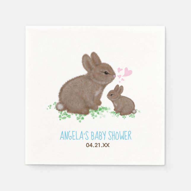 Cute Bunnies Hearts Custom Boy Baby Shower Napkins (Front)