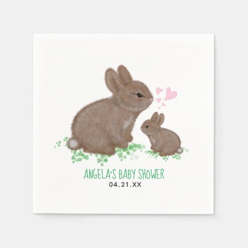 Cute Bunnies in Clover Hearts Baby Shower Paper Napkins