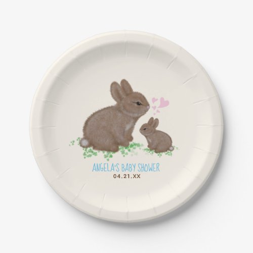 Cute Bunnies in Clover Hearts Boy Baby Shower Paper Plates