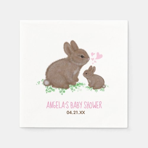 Cute Bunnies in Clover Hearts Girl Baby Shower Napkins