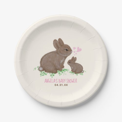 Cute Bunnies in Clover Hearts Girl Baby Shower Paper Plates