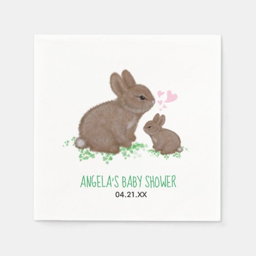 Cute Bunnies in Clover with Hearts Baby Shower Napkins