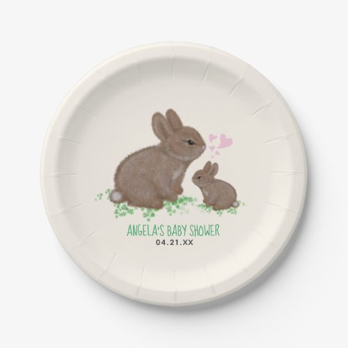 Cute Bunnies in Clover with Hearts Baby Shower Paper Plates