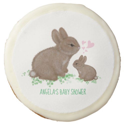 Cute Bunnies in Clover with Hearts Baby Shower Sugar Cookie