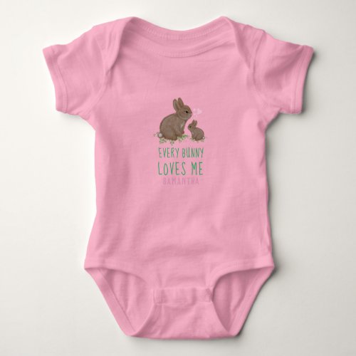 Cute Bunnies in Clover with Hearts Babys Name Baby Bodysuit