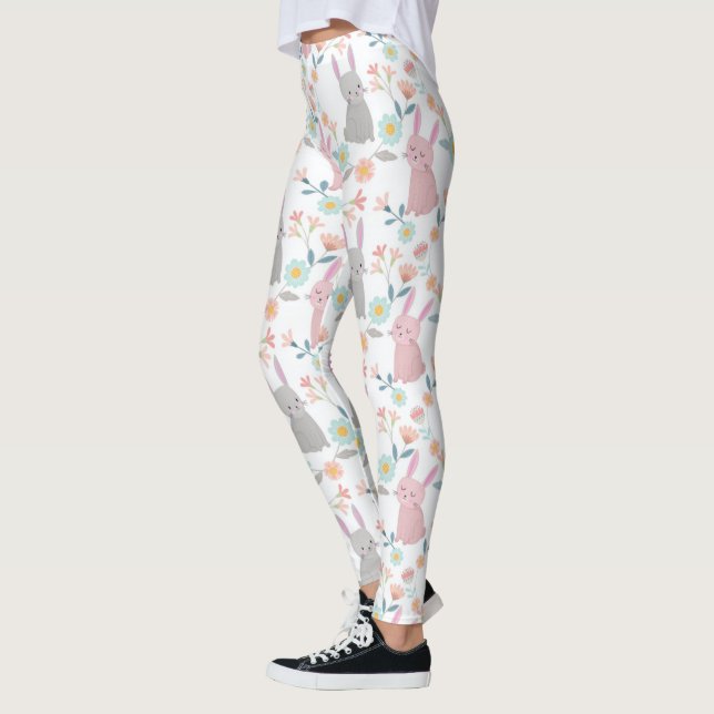 Cute Bunnies In Flowers Garden Pattern Leggings (Left)