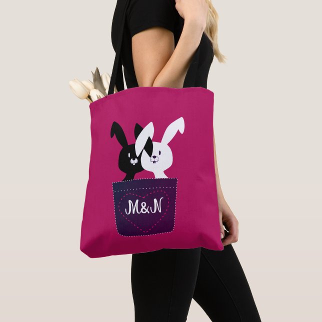Cute Bunnies In Love On Magenta Tote Bag (Close Up)