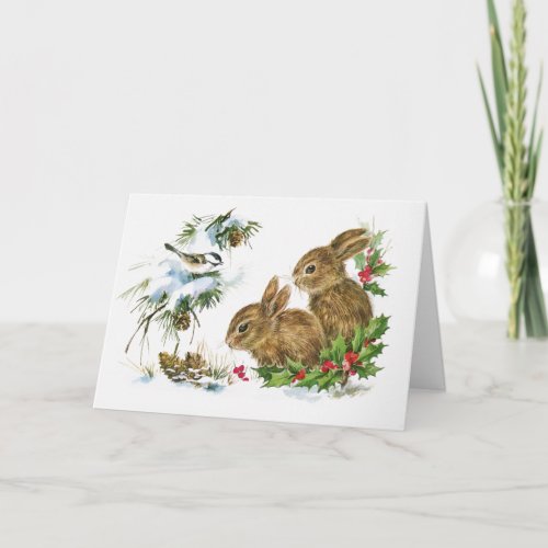 Cute Bunnies in the Snow at Christmas Holiday Card