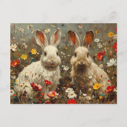 Cute bunnies in Wildflower field painting Postcard
