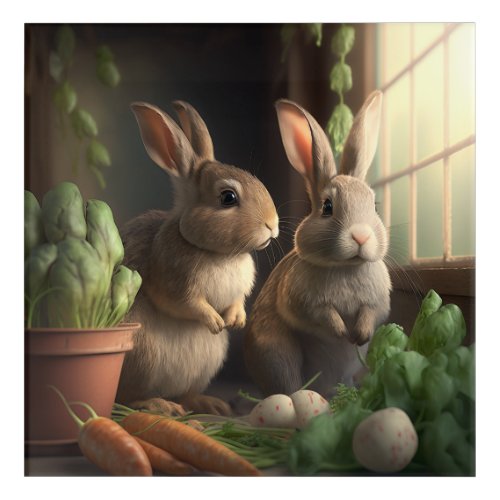 Cute bunnies indoors acrylic wall art