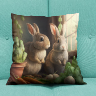Cute bunnies indoors throw pillow