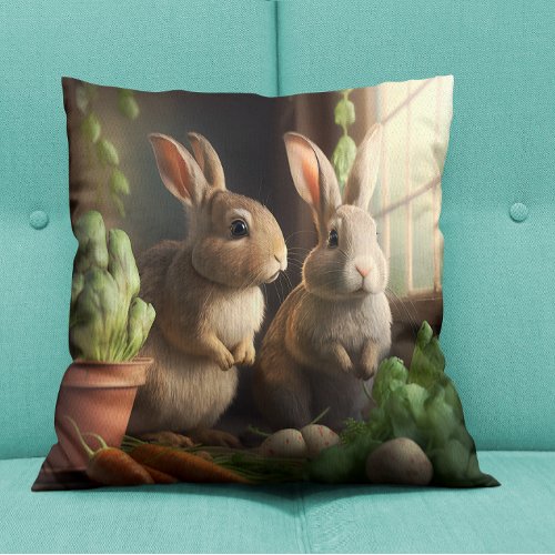 Cute bunnies indoors throw pillow