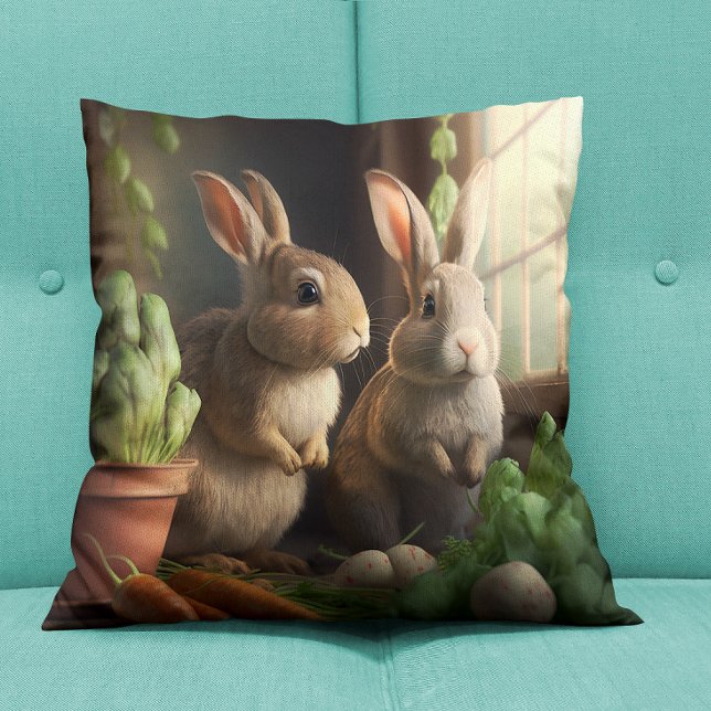 Cute bunnies indoors throw pillow (Creator Uploaded)