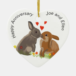 Cute Bunnies Kissing Anniversary Heart Ceramic Ornament